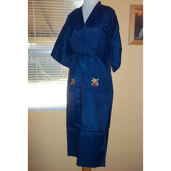 NOS Daffodil Label Vintage 60s Dragon Asian Blue Dacron Embroidered Robe M - Picture 3 of 5
